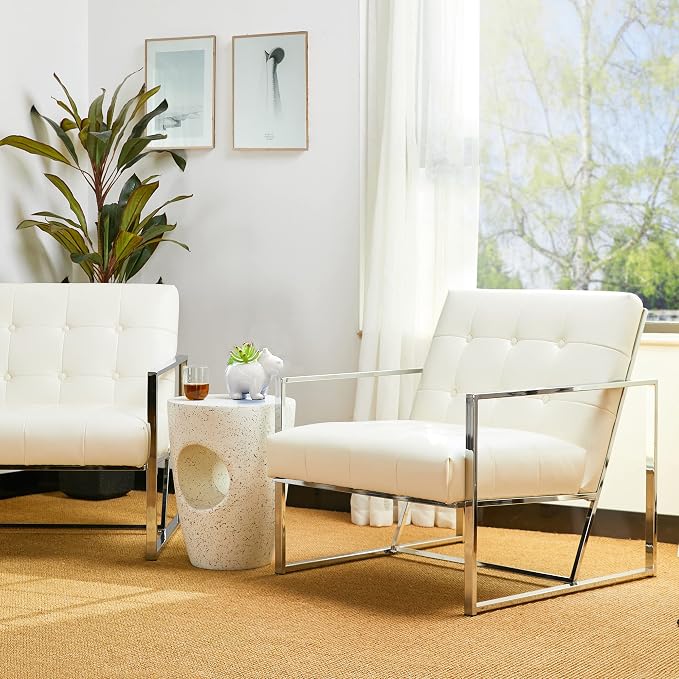 Glitzhome Mid Century White Accent Chair, Modern Living Room Armchairs - Image 6