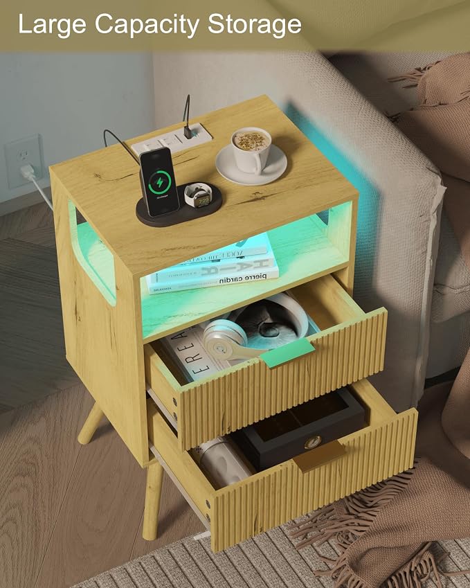 JOONEE Nightstand with Charging Station and LED Lights, Modern Bedside Table - Image 5