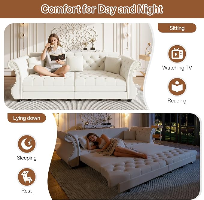 97.6" Oversized Pull Out Sofa Bed, Chesterfield Velvet Sleeper Sofa Couch - Image 3