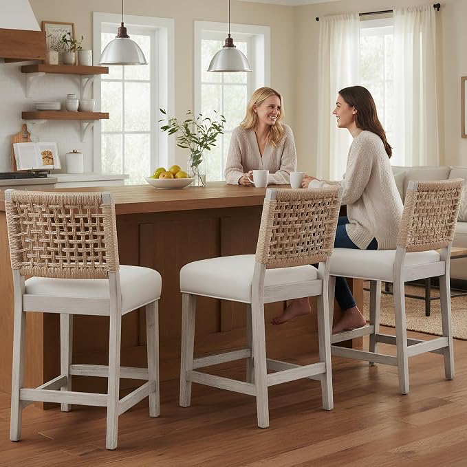 27" White Bar Stools for Kitchen Counter, Mid Century Linen Fabric Counter - Image 3