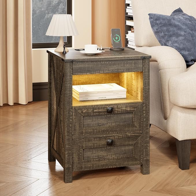 HWB LED Nightstand with Gun Drawer: Bedside Table with Charging Station - Image 8