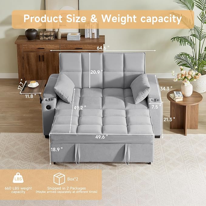 Auvsoce 65" Sleeper Sofa Bed Loveseat, Convertible Couch - Image 2