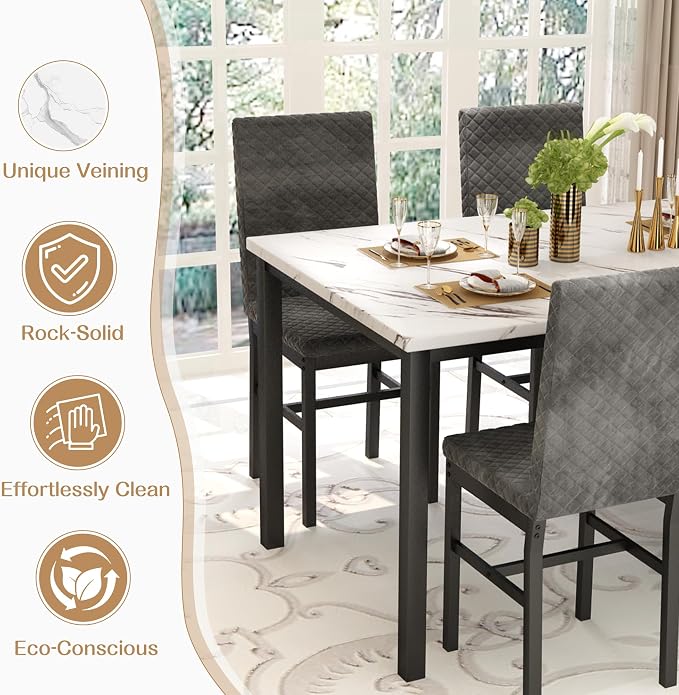 Recaceik Dining Table Set for 4, Modern 5 Piece Dining Table Set Faux Marble - Image 7