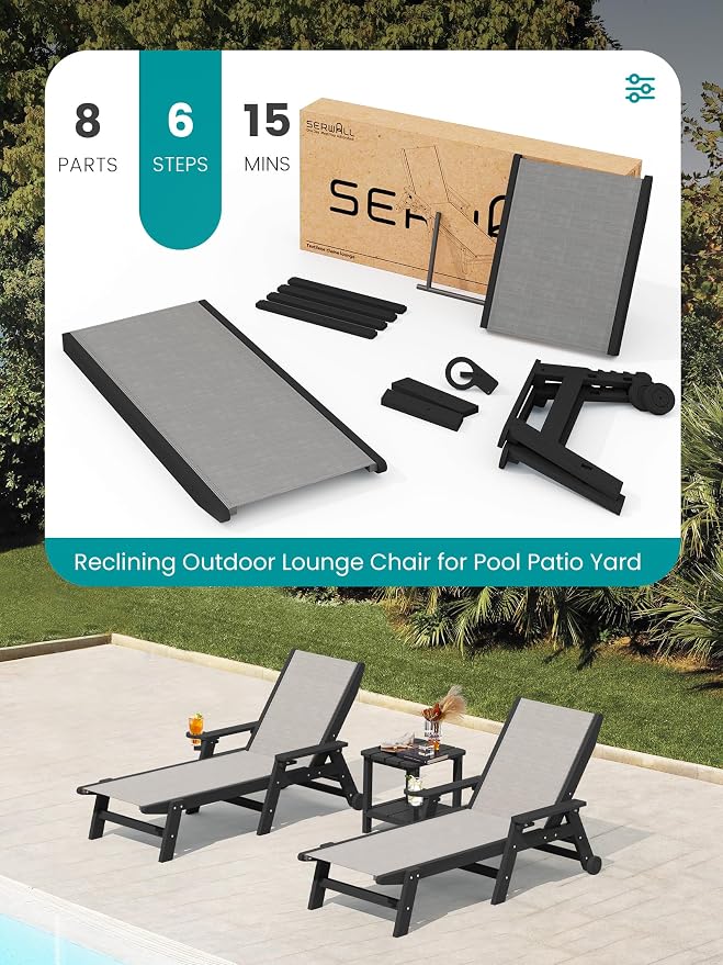 SERWALL Textilene Patio Chaise Lounge Chair, 5 Positions Adjustable Outdoor - Image 7
