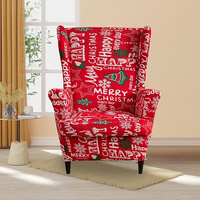 HAOYONG Christmas Stretch Wingback Chair Cover 2 Pieces Wing Chair Slipcover - Image 5