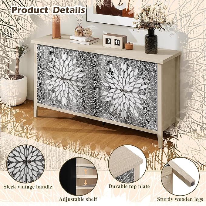 58" Carved Sideboard Buffet Cabinet - Image 5