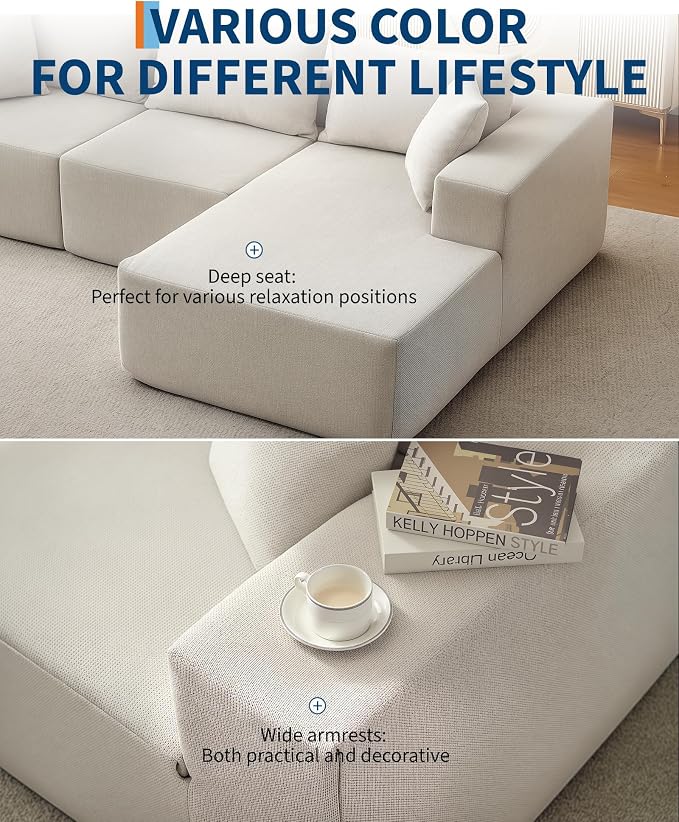 Corduroy Modular L Shape Sofa, Cloud Feel Compressed Sectional Couch - Image 7