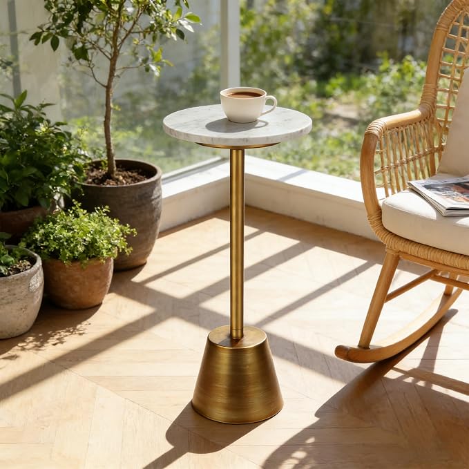 White Marble Pedestal Side Table, Round Accent End Table - Image 7