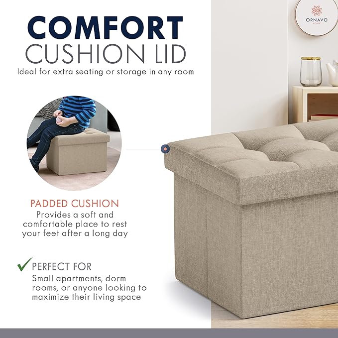 Ornavo Home Small Storage Ottoman, Foldable Collapsible Rectangle Linen Ottoman - Image 7