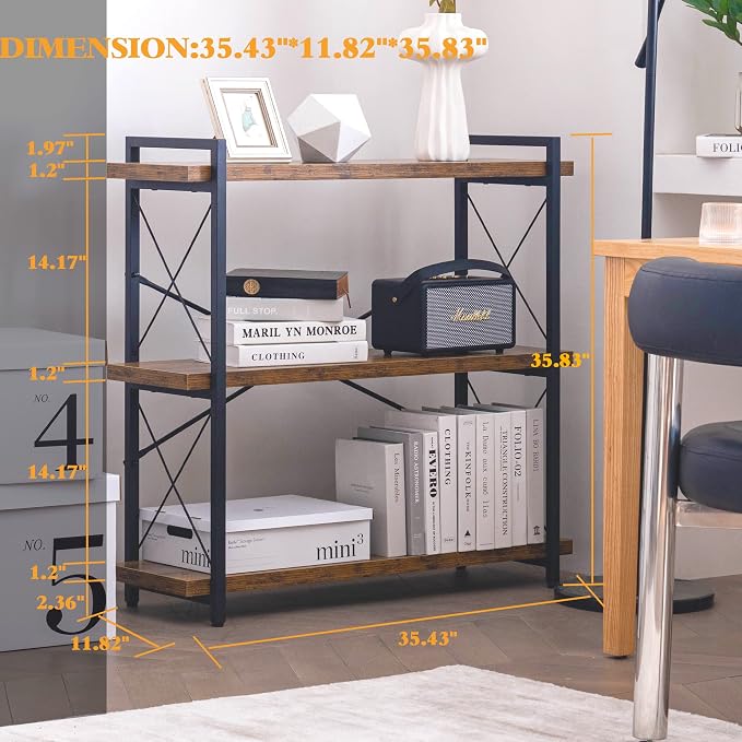 HCHQHS Bookshelf, 3-Tier Industrial Bookcase, Rustic Open Book Shelf, Wood and - Image 3