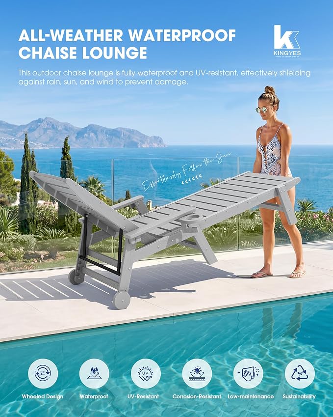 KINGYES HDPE Lounge Chair Outdoor Set of 2, Patio Chaise Lounge Recliner - Image 7