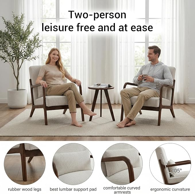 Mid Century Modern Accent Chairs Set of 2, Upholstered Corduroy Armchairs - Image 7
