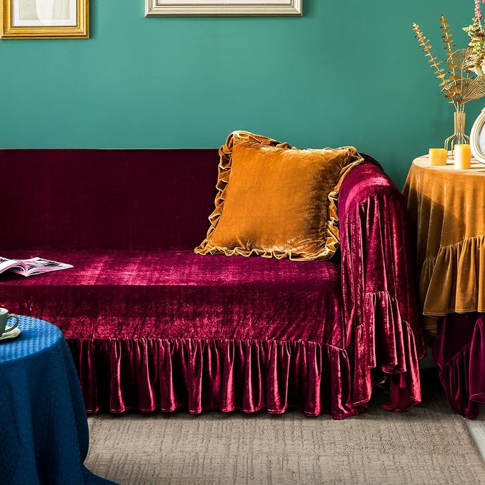 GLORY SEASON Velvet Sofa Cover Soft Decorative Luxurious Solid Exquisite Ruffle - Image 2