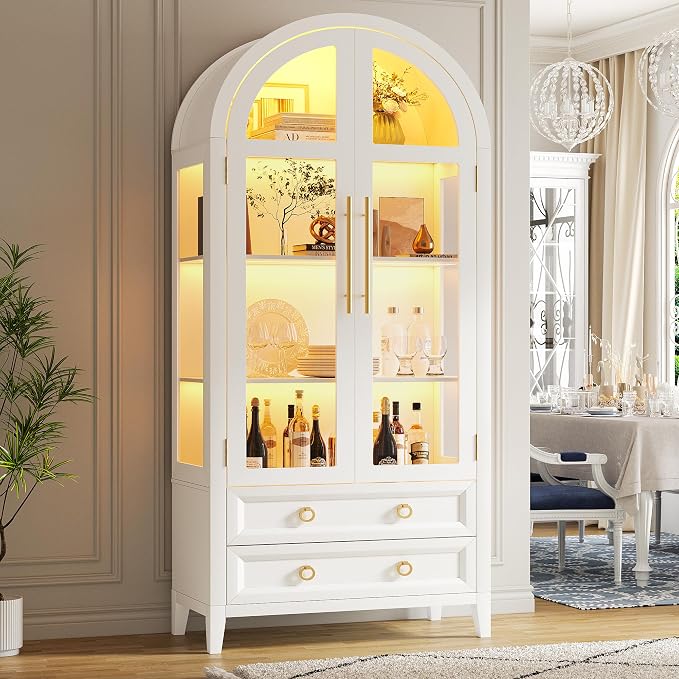 Arched Curio Cabinet with Glass Doors, 4-Tier Display Cabinet with 2 Drawers - Image 5