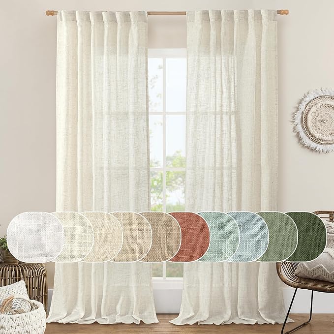 LAMIT Linen Semi Sheer Curtains 96 inch Length 2 Panels Set, Cream Ivory Light by LAMIT