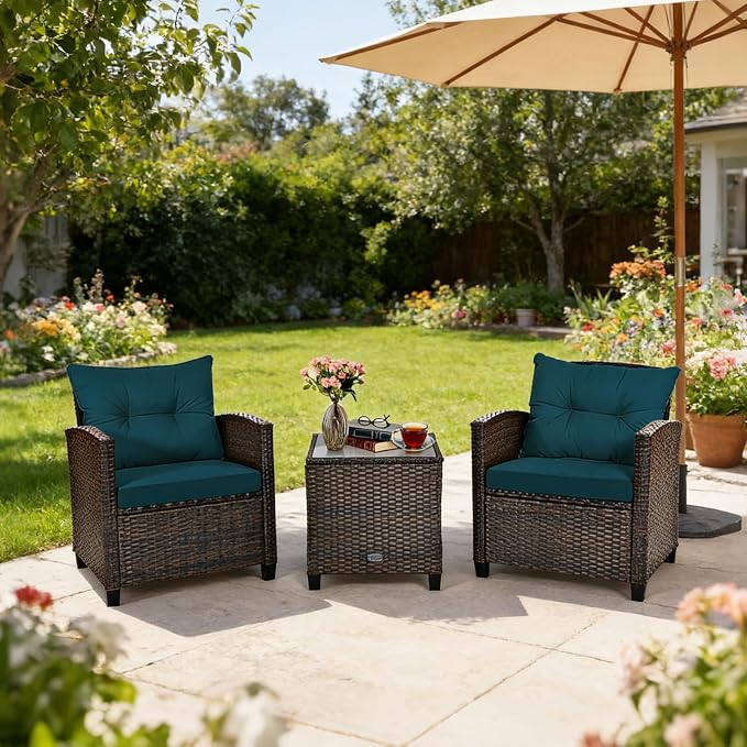 COSTWAY 3PCS Patio Furniture Set, PE Rattan Wicker Sofa w/Washable Cushion and - Image 2