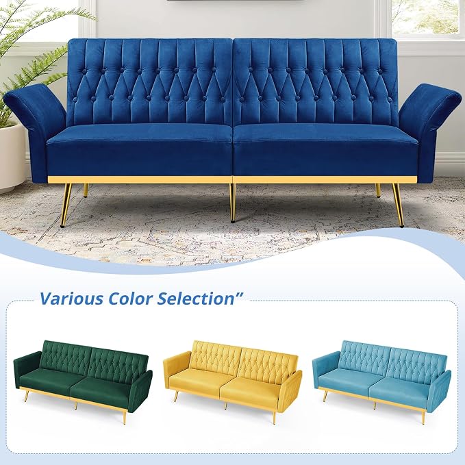 70” Velvet Futon Sofa Bed w/Adjustable Armrests and Backrest, Convertible Futon - Image 7