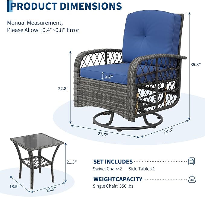 Garvee 3 Pieces Patio Furniture Set, Outdoor Swivel Glider Rocker Set - Image 2