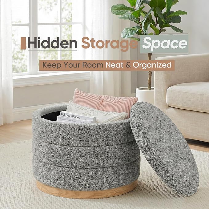 Round Storage Ottoman with Tray Lid, Folding Chenille Fabric Footrest with - Image 4