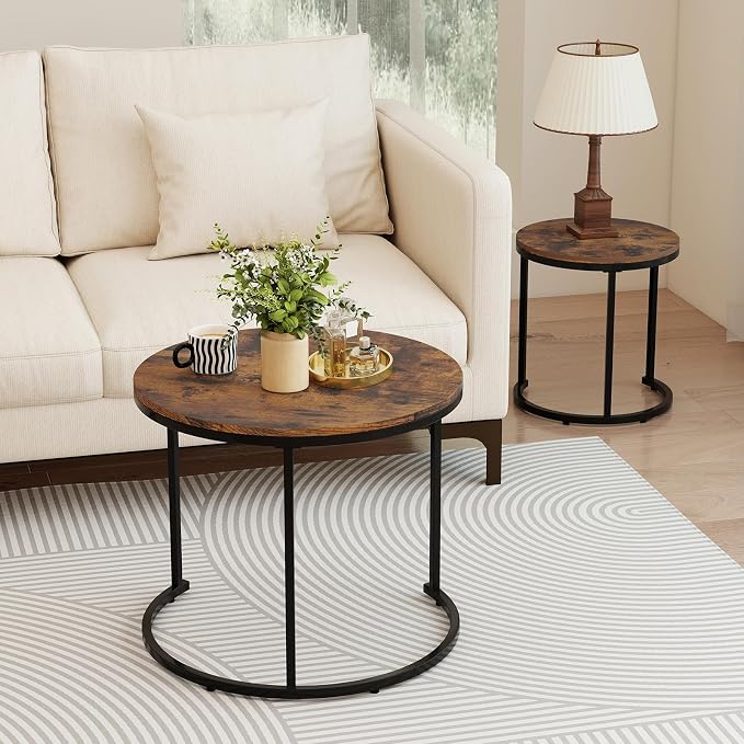 Giantex Nesting Coffee Table Set of 2, Round Stacking Side Tables w/Wooden - Image 9