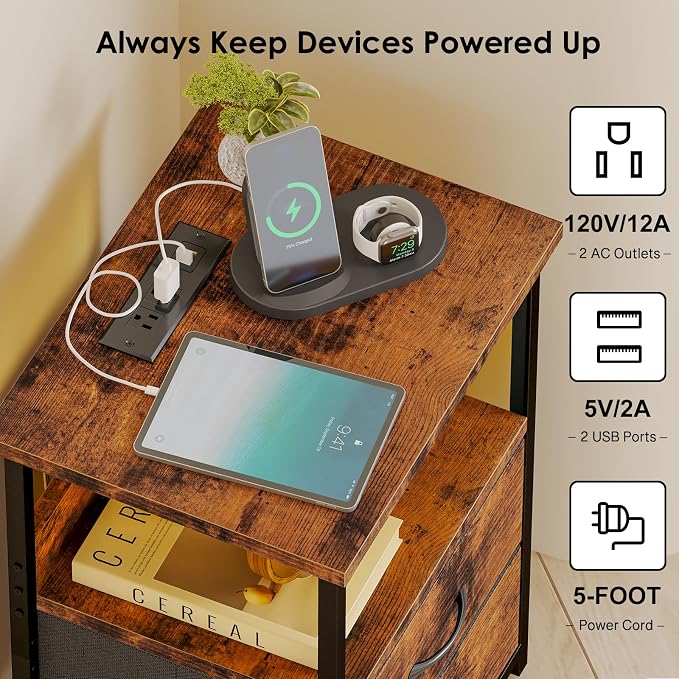 Fixwal Night Stand with Charging Station, LED Nightstand with U-S-B Ports and - Image 5