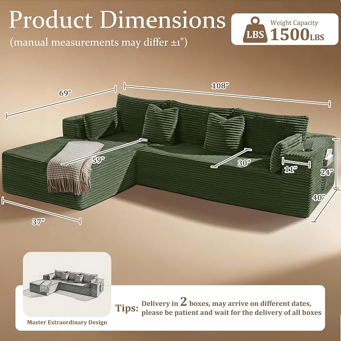 108" Cloud Sectional Couch, Comfort L Shaped Boneless Couch - Image 2