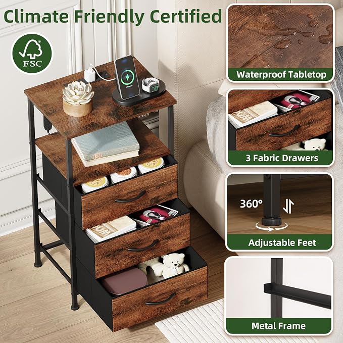 Somdot Tall Nightstand with Charging Station and LED Light - Image 6
