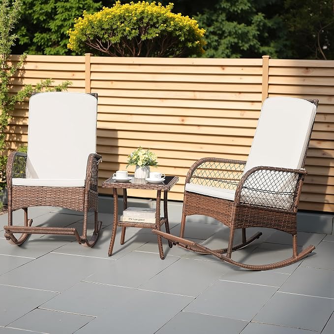 Greesum 3 Piece Outdoor Wicker Rocking Chairs Patio Furniture Set - Image 2