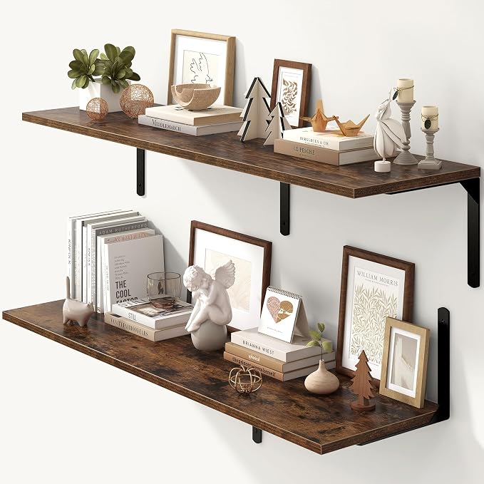 Fun Memories Rustic Brown 12 Inch Deep Floating Shelves Set of 2, Wall Mounted by FunMemories