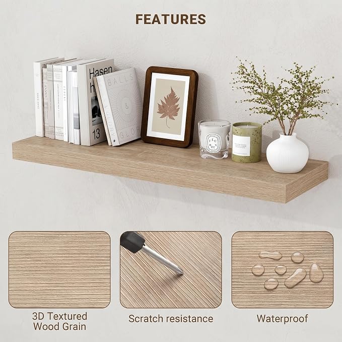 Acovy 16 Inch Floating Shelves, 3D Textured Wood Grain, Wooden Shelves - Image 5