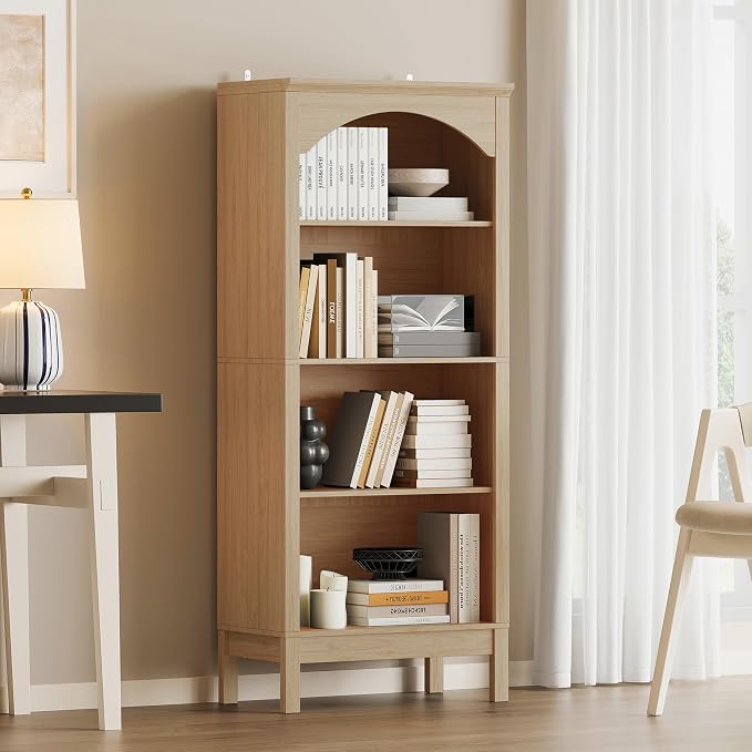 Arched Bookshelf with 4 Tier Open Shelves, Study and Living Room, Natural Oak by JMHDYG