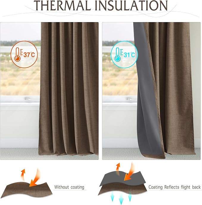 RYB HOME Coffee 100% Blackout Linen Curtains 72 inch Long, Thermal Insulated & - Image 4