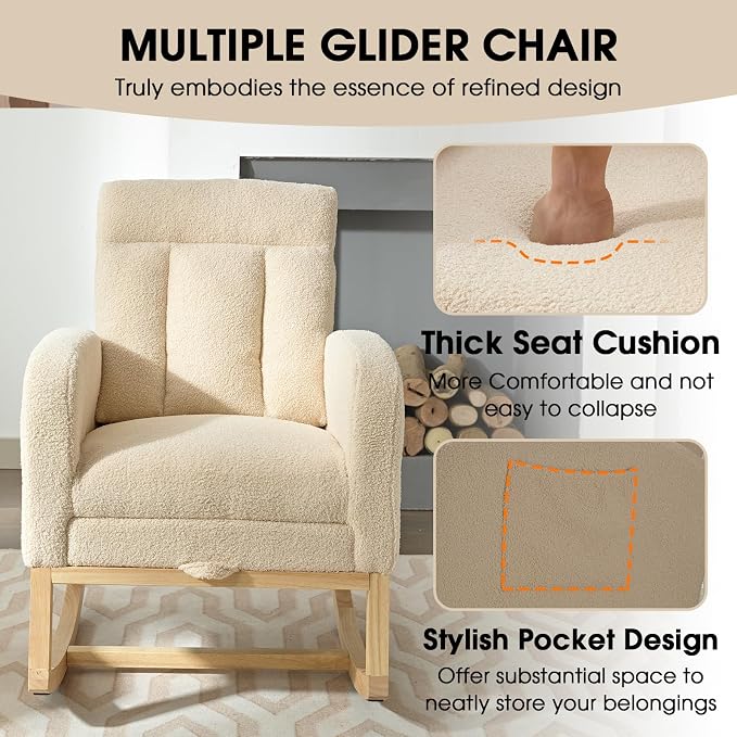 NIOIIKIT Modern Nursery Rocking Chair, Teddy Upholstered Rocking Chair - Image 7