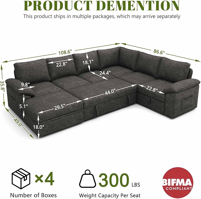 108 Inch Sectional Sleeper Sofa - Image 3