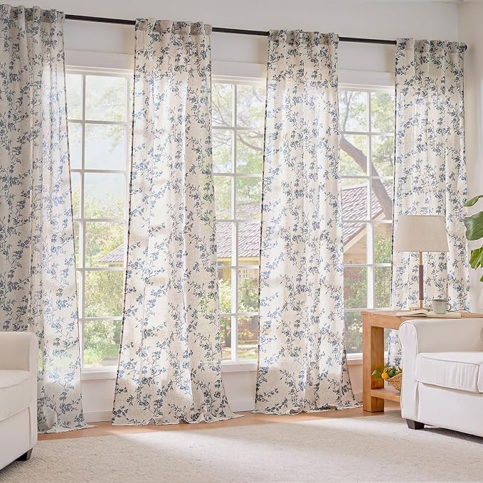 Lazzzy Farmhouse Linen Curtains Extra Long Blue Floral Curtains 108 Inch Long - Image 7