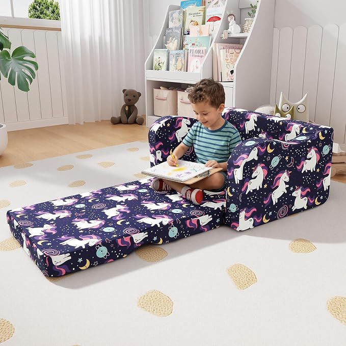 MeMoreCool Kids Folding Couch – Purple Unicorn Toddler Chair, Fold-Out 2-in-1 - Image 2