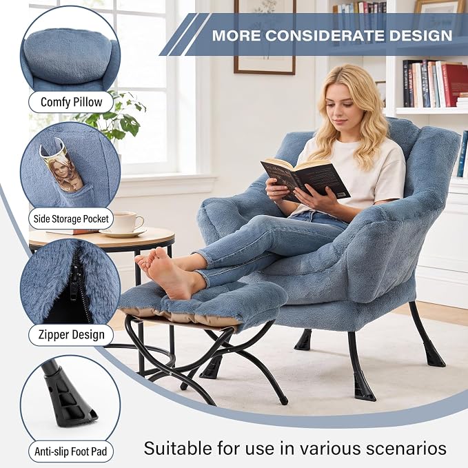 MBOOYOME Lazy Chair with Folding Ottoman, Modern Accent Armchair with Armrests - Image 5
