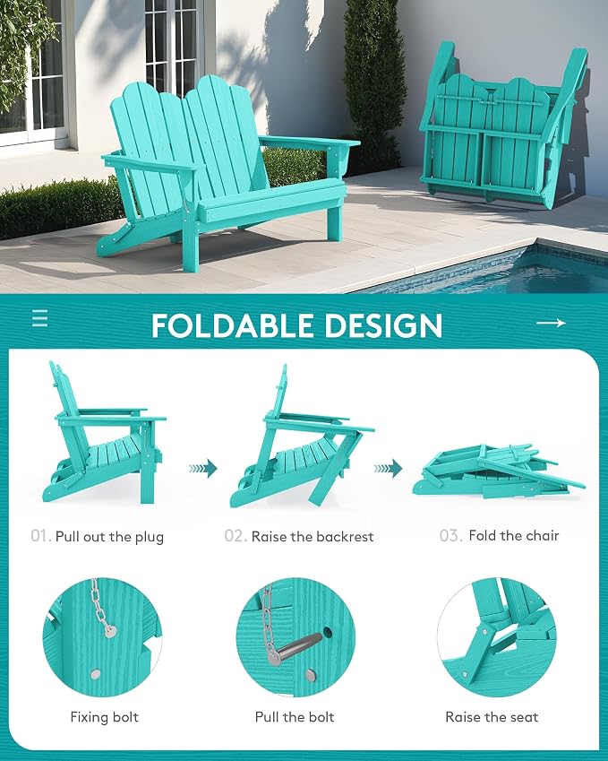 SERWALL Folding Adirondack Bench, HDPE All-Weather Adirondack Loveseat - Image 3