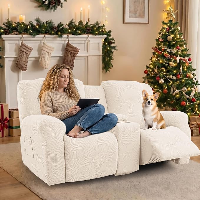 Recliner Loveseat Covers with Console, 6-Piece Stretch Geometric Strokes - Image 5