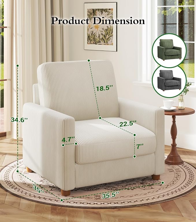 Kidirect 35.5in Oversized Accent Chair, Corduroy Reading Chair - Image 2