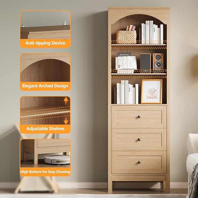 Bookshelf with Drawers, Floor Standing Display Storage Cabinet - Image 5