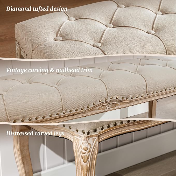 Cozyman Bedroom Bench, French Vintage Tufted Entryway Bench, 45.2" Carving - Image 4