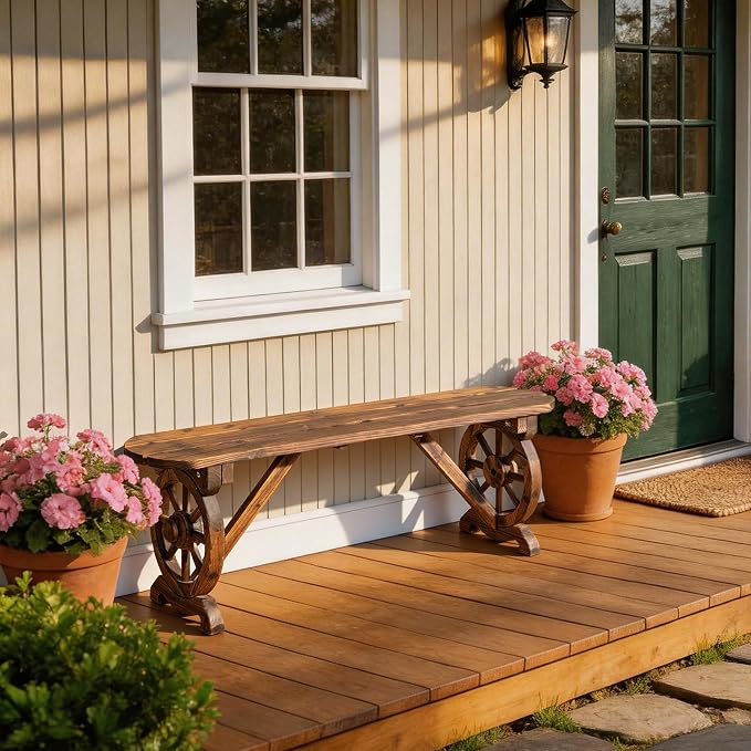 VINGLI Rustic Wooden Wheel Bench Outdoor Bench, Patio Bench Wagon Slatted Seat - Image 2