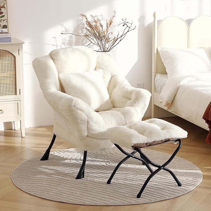 Lazy Chair with Ottoman, Large Lvory Accent Chair with Ottoman and FA Throw - Image 2
