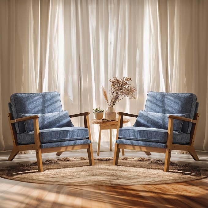 VINGLI Solid Wood Wide Armrests Accent Chair Set of 2, Upholstered Mid Century by VINGLI