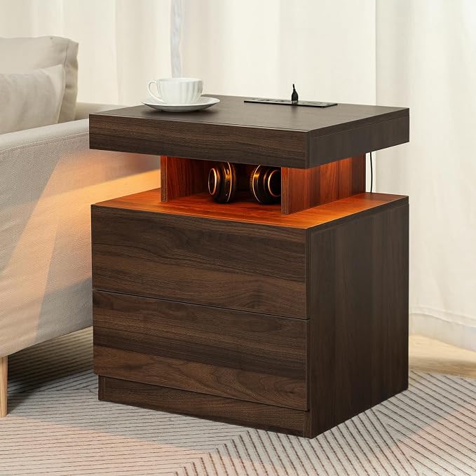 HOMMPA Rustic Nightstand with Wireless Charging Station LED Bedside Table with - Image 9