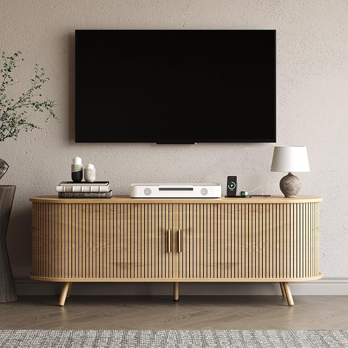 55 inch TV Stand with Power Outlet, Fluted Entertainment Center by Unknown