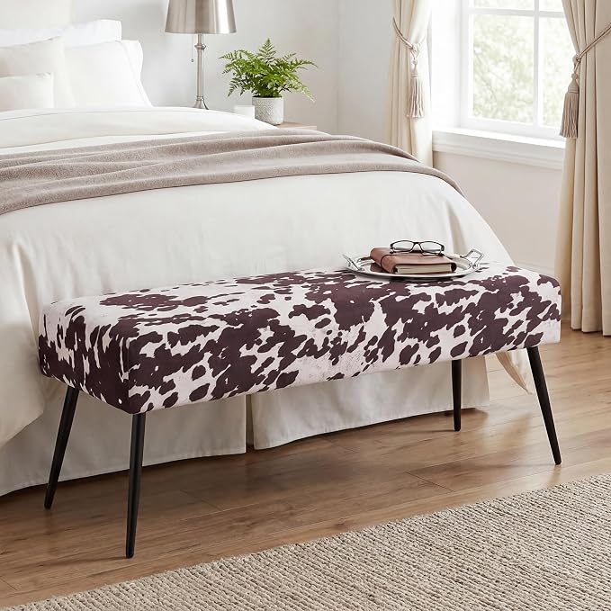 DUHOME Velvet Bench Ottoman, Upholstered Bedroom Benches Cow Print End of Bed - Image 2