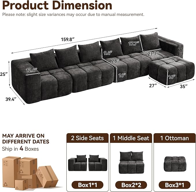 160" Boneless Couch, Oversized Cloud L Shaped Couch, Modular Sectional Sofa - Image 2