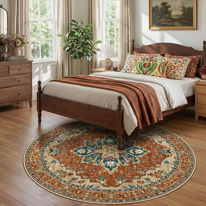 RELEANY Area Rugs Round 7ft Washable Non-Slip, Floral Vintage Distress Print - Image 2